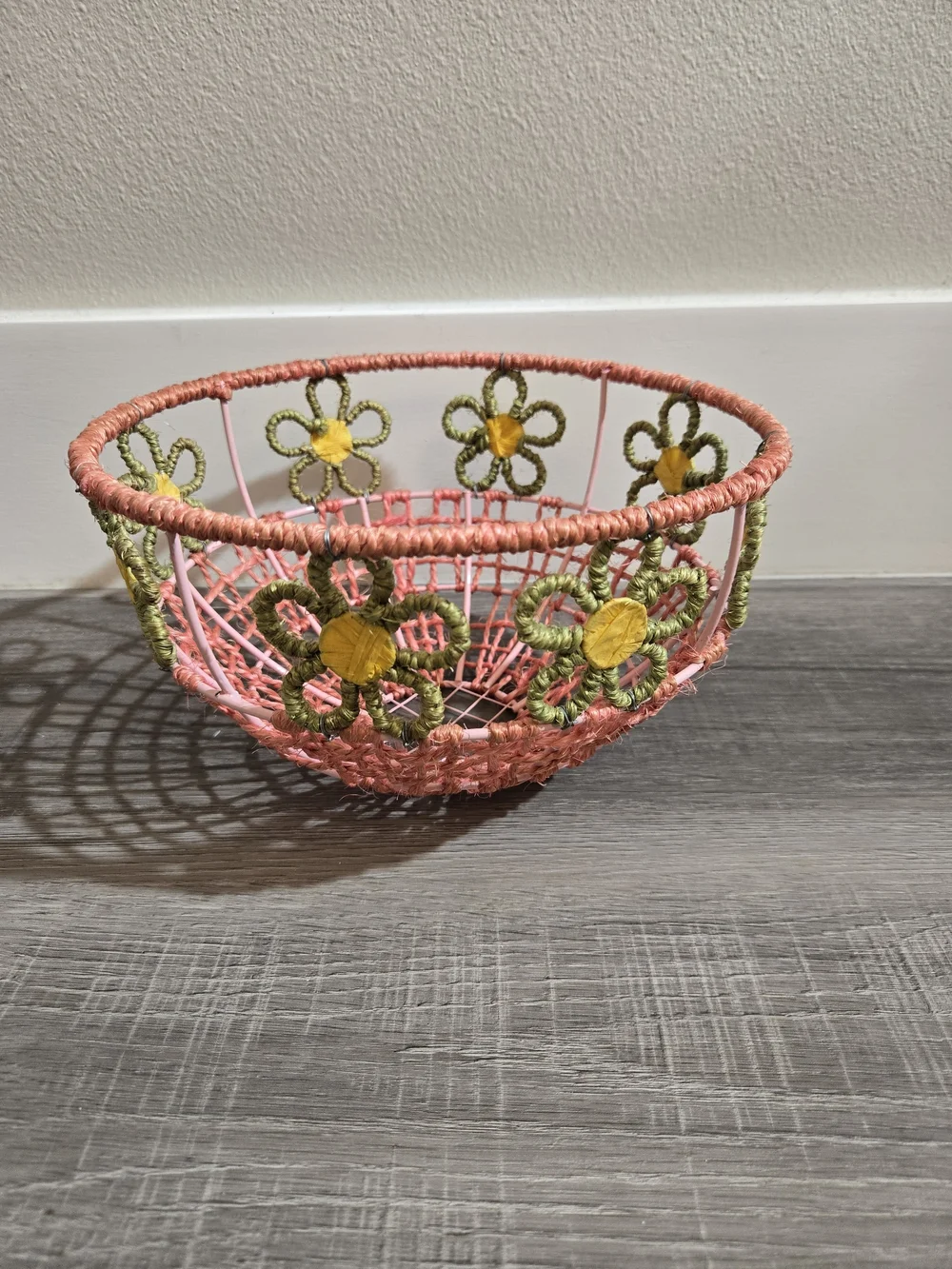 Handwoven Coral and Green Floral Accent Bowl
